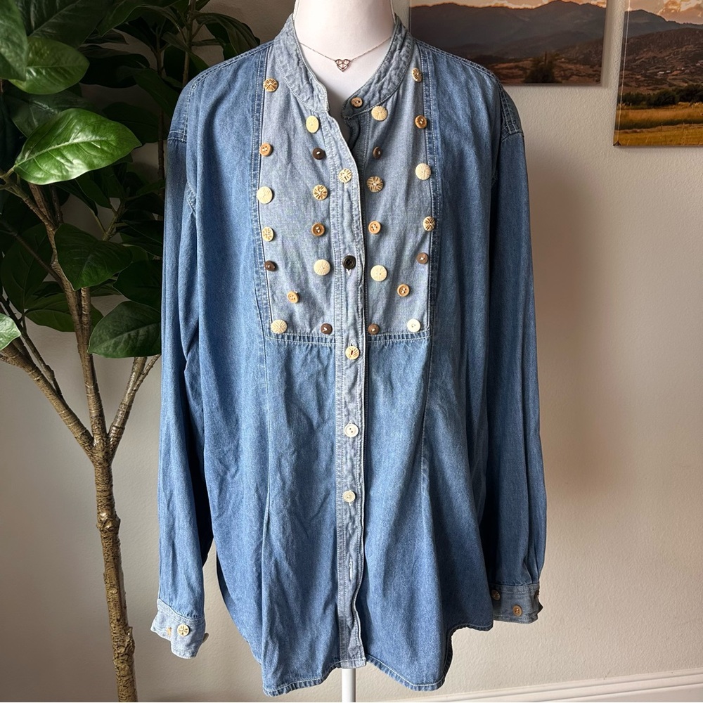 Denim Button-Up Shirt with Embellishments